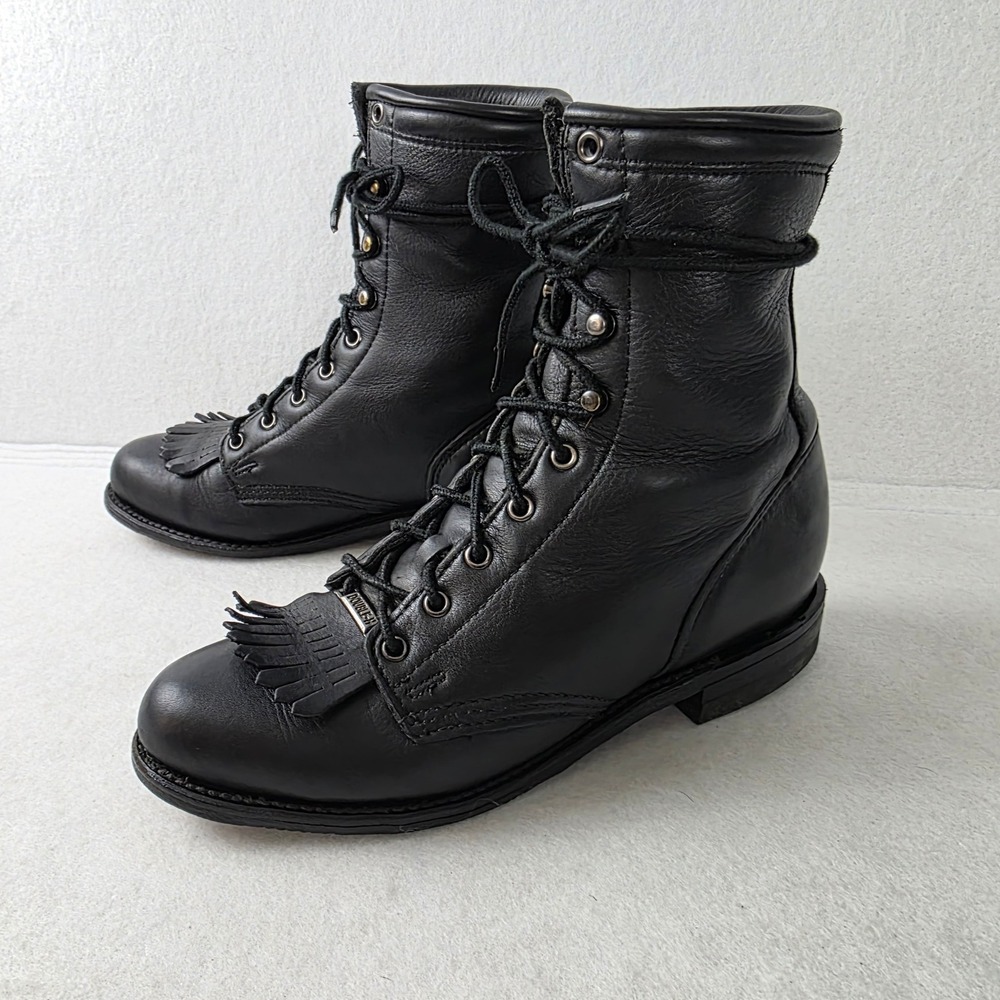 Double-H Black Leather Lace Up Packer Boots with Kiltie Fringe Western Biker 7.5